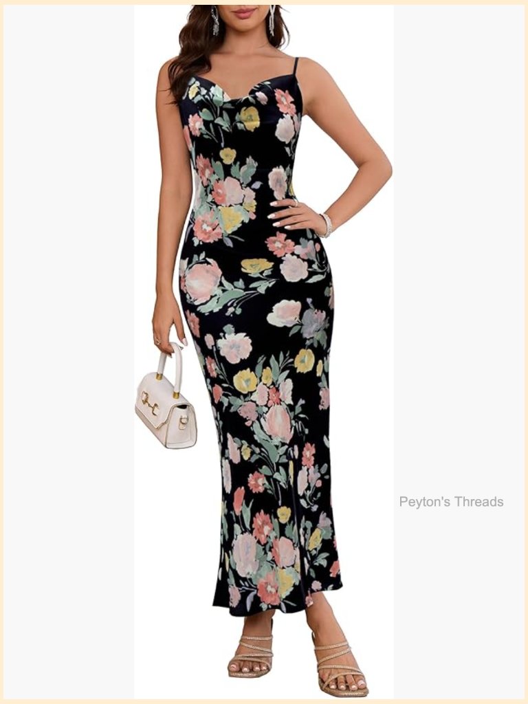 Satin Midi Dress Cowl Neck Spaghetti Strap Backless Slip Dress Wedding Cocktail